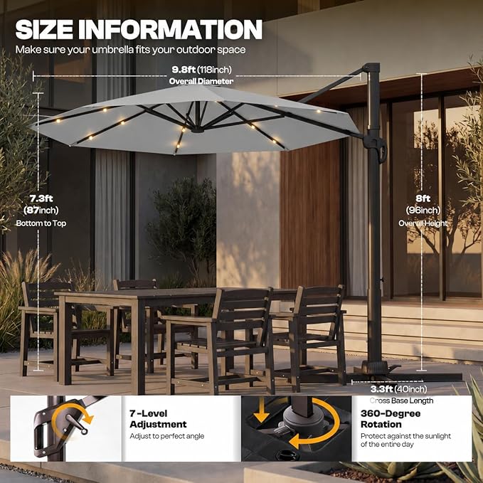Kingdura 9ft Cantilever Patio Umbrella with Base Included & Solar Lights, Large Round Metal Outdoor Offset Umbrella with 360-degree Rotation, 4 Position Tilt, UV Protection for Pool Deck Patio (Light grey)