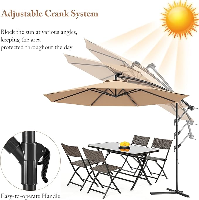 Giantex 10ft Offset Patio Umbrella, Beige, Outdoor Hanging Market Umbrella with Crank & Cross Base, Easy Tilt Adjustment, 96% Sunlight Protection