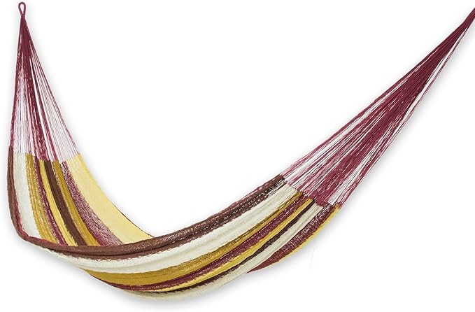 NOVICA Brown Burgundy White Yellow Striped Cotton Hand Woven Mayan Rope 2 Person XL Hammock, 'Loreto' (Double)