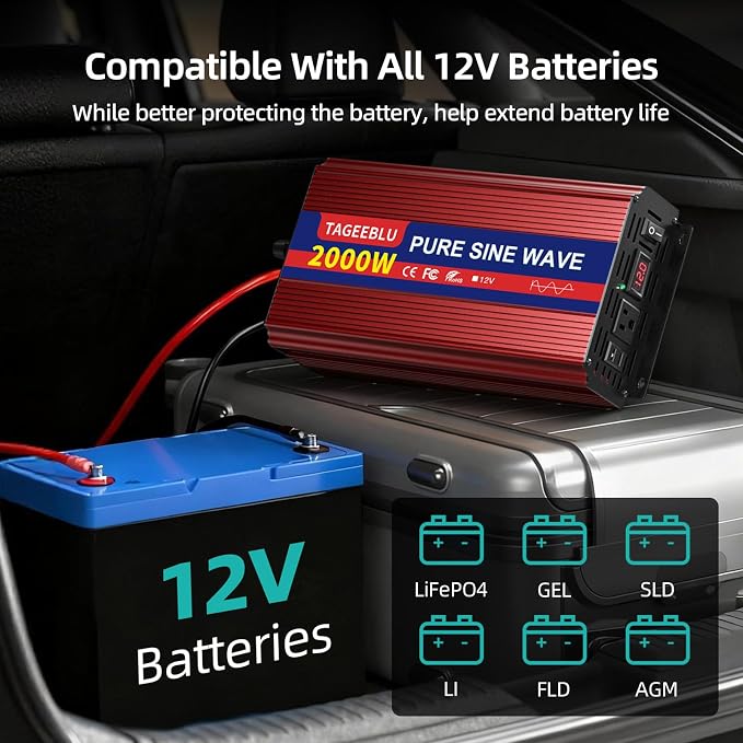 2000W Pure Sine Wave Inverter - 4000W Surge Peak, 12V DC to 110V AC Heavy Duty Power Inverter for RV, Truck, Home, Solar, Off-Grid, Outdoor, Car Converter with Dual AC Outlets and LCD Display