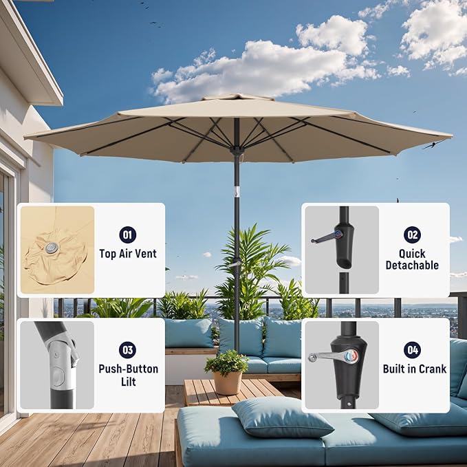 Outdoor Patio Umbrella with One Push Button Tilt and Crank, 8 Sturdy Ribs Market Table Umbrella