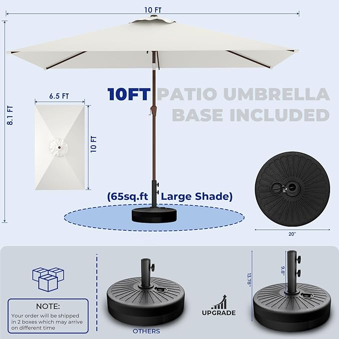 BRIOPAWS 6.5X10 FT Rectangular Patio Umbrella with Base Included | Rectangle Outdoor Umbrellas | 6 Sturdy Steel Ribs | Push Button Tilt & Crank | Heavy Duty for Garden Lawn Deck Backyard Pool |