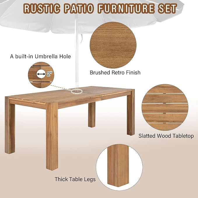 Patio Table and Chairs Set,Outdoor Dining Set for 6 with Umbrella Hole,7 Piece Outdoor Patio Furniture Set Wood Frame with Removable Cushion for Garden,Backyard,Lawn,Poolside (Beige+Light Teak#019)