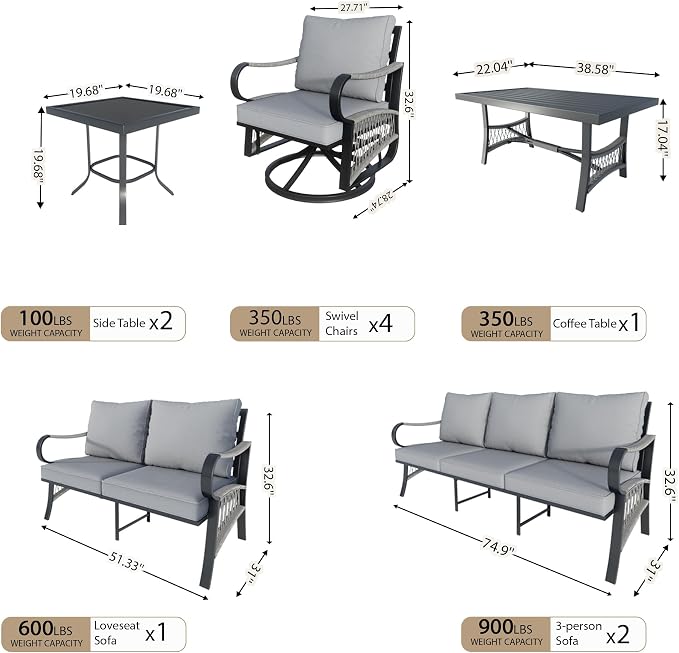 10 Pieces Patio Furniture Set, Metal Outdoor Conversation Sets with Swivel Chairs, Modern Couch Sofa Seating Group with Coffee Table and Side Table (Thick Gray Cushions)