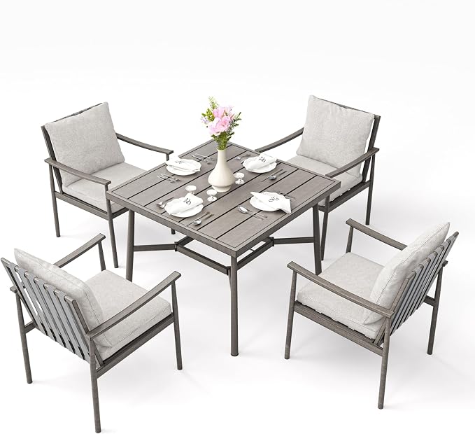 5-Piece Outdoor Dining Set for 4, Aluminum Patio Dining Set with Cushions, 4 Dining Chairs with Rope Backrest, Square Table with Umbrella Hole, Patio Dining Set for Lawn Porch Backyard,Grey