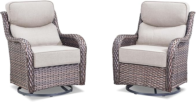 Luxury Wicker Patio Furniture Set-High Back Outdoor Swivel Chairs Set of 2 with 6" Thick Cushions Wide Armrest All Weather Patio Conversation Sets for Deck Porch Balcony(Brown/Beige)