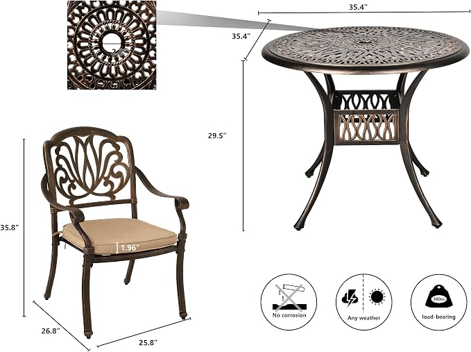 Grepatio 3 Piece Bistro Set Outdoor Cast Aluminum Patio Dining Set Table and Chairs Outside Bistro Furniture 2 Chairs and 1 Umbrella Table for Lawn Garden (Khaki)