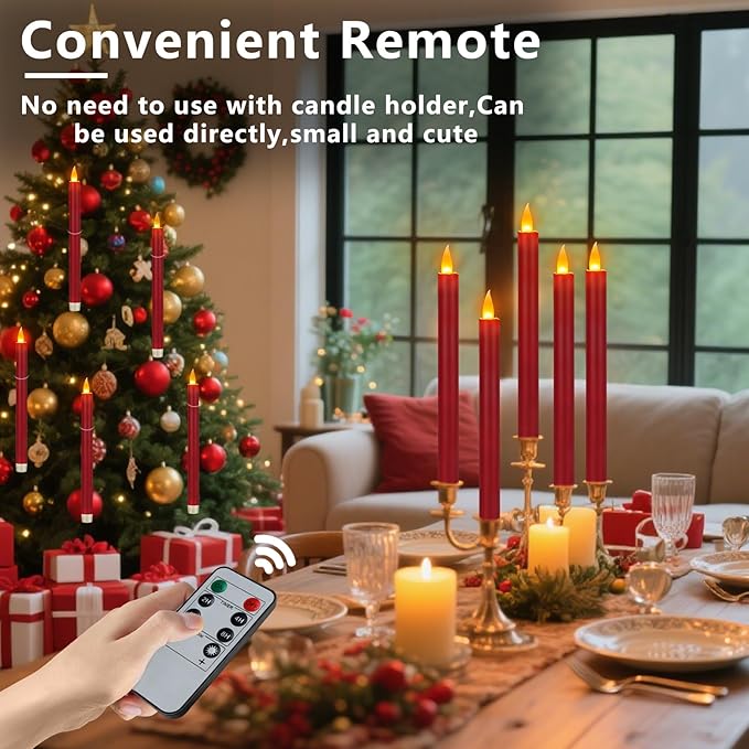 wemarry Flameless Taper Candles 10" Dripless Battery Operated Taper Candles Included Remote Timer 400+ Hours by 2AA Batteries for Halloween Christmas Wedding (Burgundy, 6 Pack)