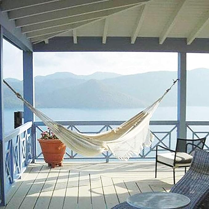 RUVOO Hammock Camping Hammock Swinging Hammock Fringed White Canvas Fabric Portable Hammock for Camping Outdoors Or Gardens and Travel Hammocks for Outside