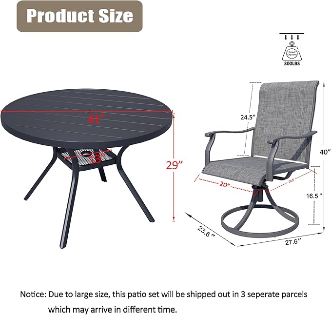 MEOOEM 5-Piece Patio Dining Set for 4, Outdoor Round Tables and Swivel Chairs Set of 4, All Weather Heavy Duty Outdoor Patio Table and Chairs Swivel for Outside, Deck, Garden, Backyard,Grey