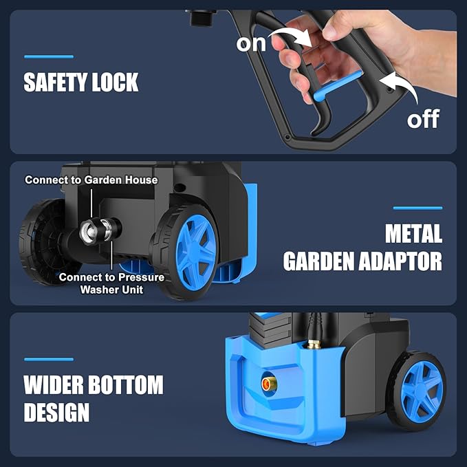 Adjustable Electric Pressure Washer 5000PSI with 33FT Flexible Extension Hose + 34FT Power Cord, 4 Nozzles, Foam Cannon, Best Power Washer for Cars, Patios, Driveways, Blue