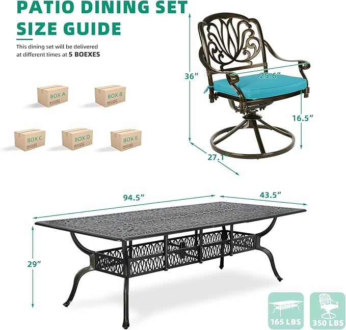 VIVIJASON 9-Piece Outdoor Dining Set, Cast Aluminum Retro Patio Furniture Table and Chairs Set for 8, Include 94.5" Rectangular Table and 8 Swivel Rocker Chairs with Umbrella Hole, Ocean Blue Cushion