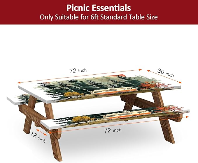 KENOBEE Picnic Table Cover with Bench Covers 6FT 3PCS, Camping Essentials Waterproof Windproof Tablecloth with Drawstring Bag, Fitted Rectangle Tables and Seats, 72", RV Serenity
