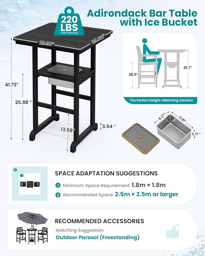 SERWALL HDPE 41.7'' Bar Table with Ice Bucket, Bar Height Table with Ice Bucket, 30'' x 30'' Square Bar Tables Bistro, Poolside, Backyard, Black