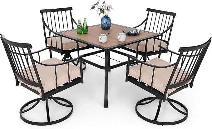 MFSTUDIO 5-Piece Patio Dining Set, Swivel Metal Chairs, Umbrella Hole | 37" Square Wood-Look Metal Table, Removable Cushions