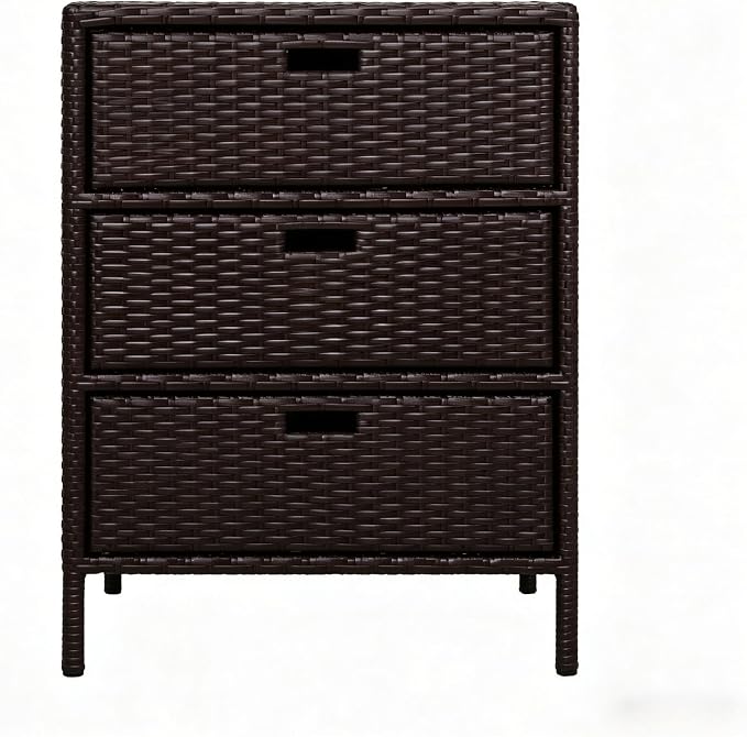Outdoor Deck Box Storage Cabinet with 3 Drawers, Wicker Pool Towel Rack and Organizer for Patio and Garden, Water Resistant PE Rattan with Steel Frame, 23.5 x 19.8 x 32.3 Inches, Brown