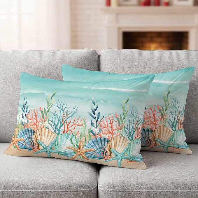 Lumbar Pillow Covers 20x12 Inch Set of 2, Coastal Beach Waterproof Outdoor Pillow Covers, Ocean Wave Summer Sea Starfish Coral Teal Beige Decorative Cushion Pillowcases for Couch, Sofa, Bed, Patio