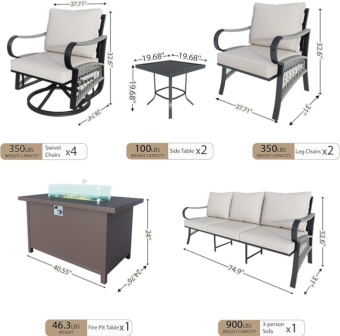 10 Pieces Outdoor Patio Conversation Sets, Outdoor Furniture Set Metal 3-Seater 4 Swivel Rockers with 2 Side Tables 2 Single Chairs with Fire Pit Table for Backyard Deck Porch Poolside, Beige