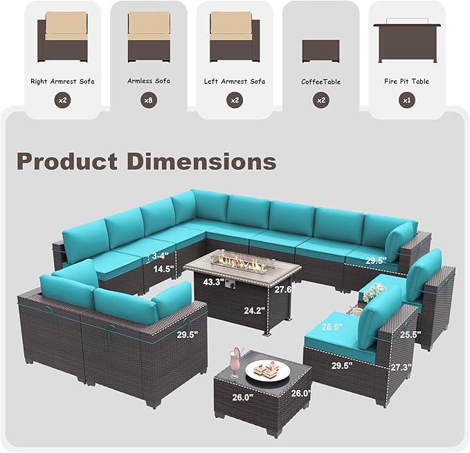 Patio Furniture Set with Fire Pit Table 15 PCS Outdoor Sectional Furniture Rattan Patio Conversation Set with 43in Propane Gas Fire Pit Table and Glass Table, Blue