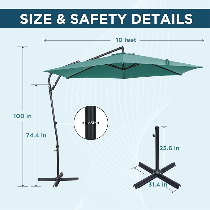 10FT Offset Patio Umbrella, Cantilever Hanging Umbrella with Infinite Tilt, Fade-Resistant Water-Repellent Canopy & Cross Base for Yard, Garden & Deck