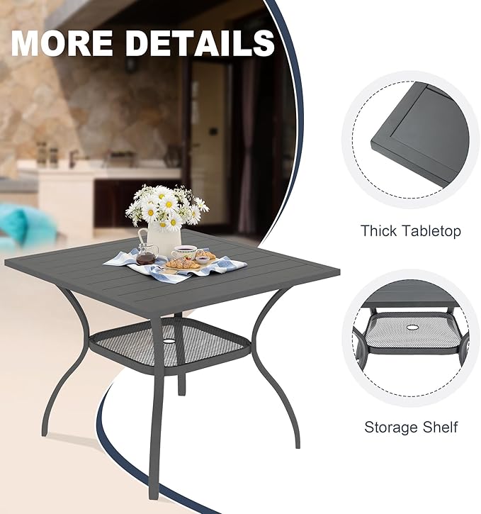 VICLLAX 5 Pieces Outdoor Dining Set, Patio Furniture Set Includes 38" Square Metal Table W/ 1.9" Umbrella Hole and 4 Padded Textilene Swivel Chairs for Porch, Lawn, Garden, Backyard