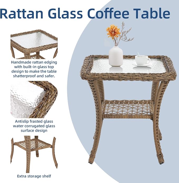 3-Piece Patio Wicker Conversation Bistro Set, All-Weather Gliding Rocking Chairs with Thickened Cushions and Glass Top Table, Outdoor Rattan Furniture Sets for Porch Garden, Navy Blue