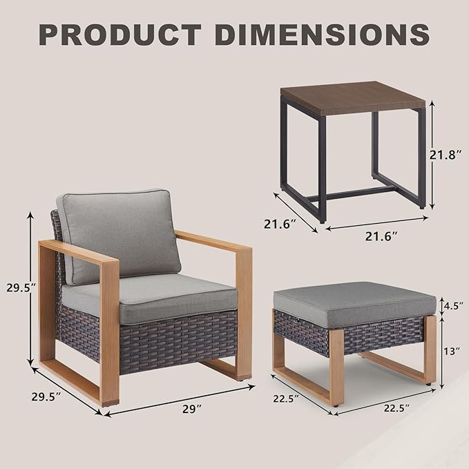 Rilyson Outdoor Wicker Patio Furniture Set - 5 Piece Patio Conversation Set with 2 Wicker Armrest Chairs,2 Rattan Ottoman, 1 Side Table, Sturdy Frame, Thick Cushions, Deep Seating(Brown/Grey)
