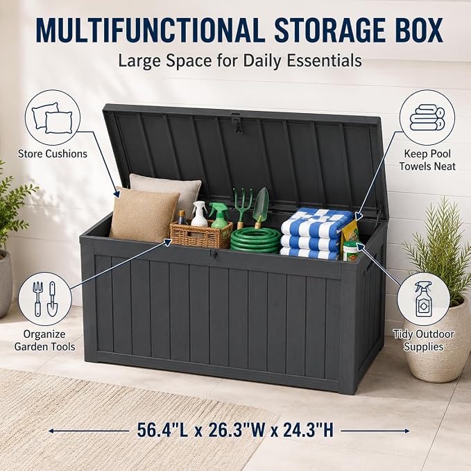 Outdoor Deck Patio Storage Box - 140 Gallon Large Outdoor Deck Box, Plastic Storage Bin with Lid, Outside Toy Box & Pool Storage Container for Cushions, Garden Tools, Towel, Black