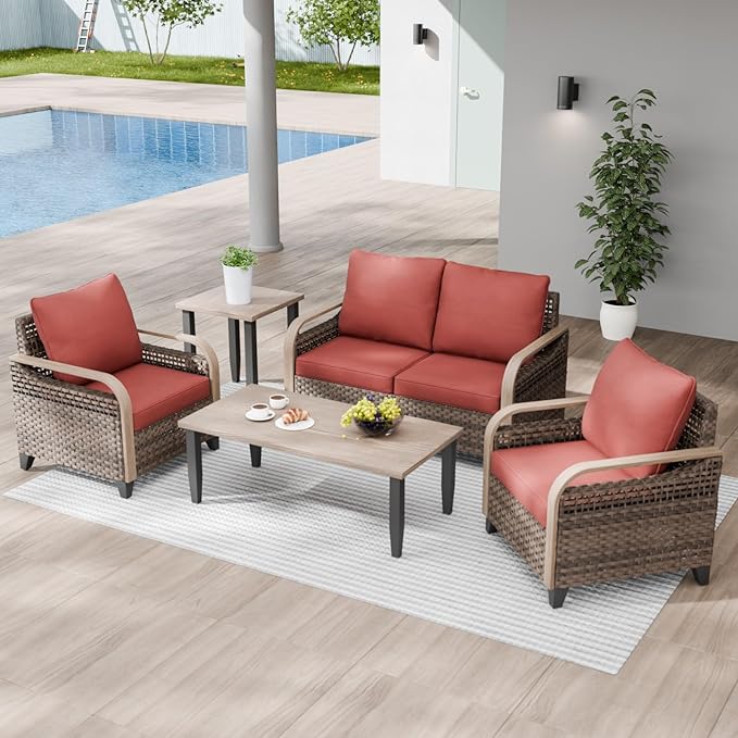Modern Wicker Patio Furniture Set, Rattan Outdoor Conversation Set with Comfortable Cushions, 2 Patio Chairs, 2 Seat Loveseat, Coffee Table and Side Table, 5 Pieces, Brown/Red