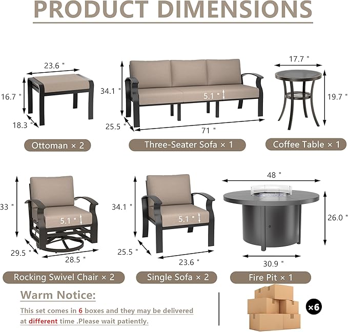 ALAULM Aluminum Patio Furniture Set with Round Propane Fire Pit Table 9-seat Metal Outdoor Furniture w/Swivel Chairs & 2 Ottomans Patio Sectional Sofas for Porch, Lawn, Poolside（Sand