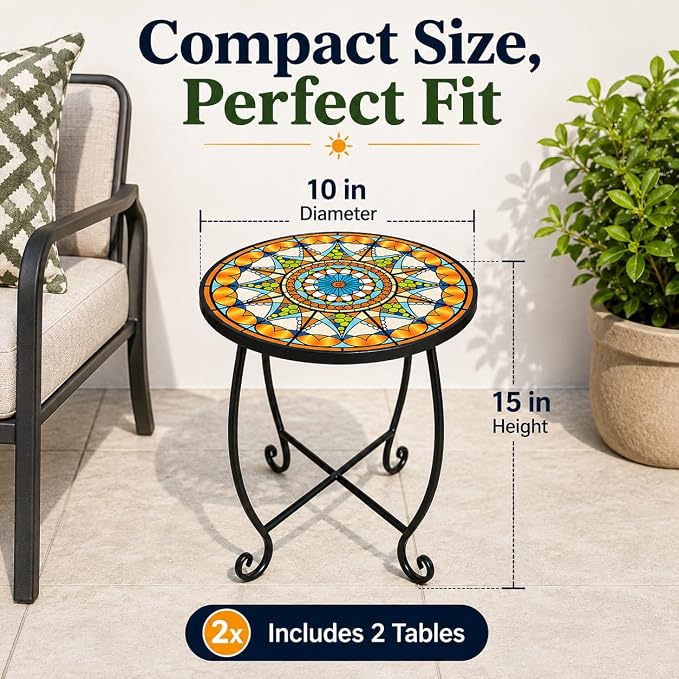 Set of 2 Mosaic Outdoor Side Tables Round, 15 Inch Height - Small Patio Table Set, Foldable Sun Pattern Metal Plant Stands for Garden, Balcony & Yard (Mosaic Sun, 2 Pack)