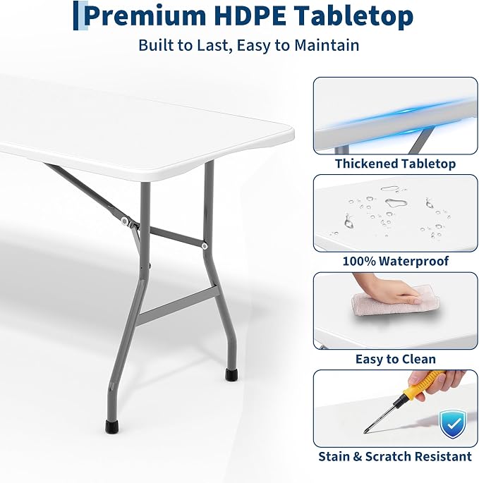 Garvee 6FT Portable Folding Table Sets with 2 Bench, HDPE Plastic Foldable Table with Carry Handle for Camping, Parties, Picnic & Events Indoor Outdoor，White