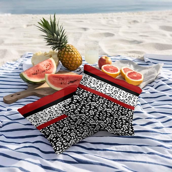 Black Red Outdoor Pillow Covers 20x20 Inch Throw Pillow Covers Set of 2 Waterproof Decorative Pillow Cases Garden Floral Stripe Aesthetic Flower Boho Cushion Covers for Patio Furniture Garden Couch