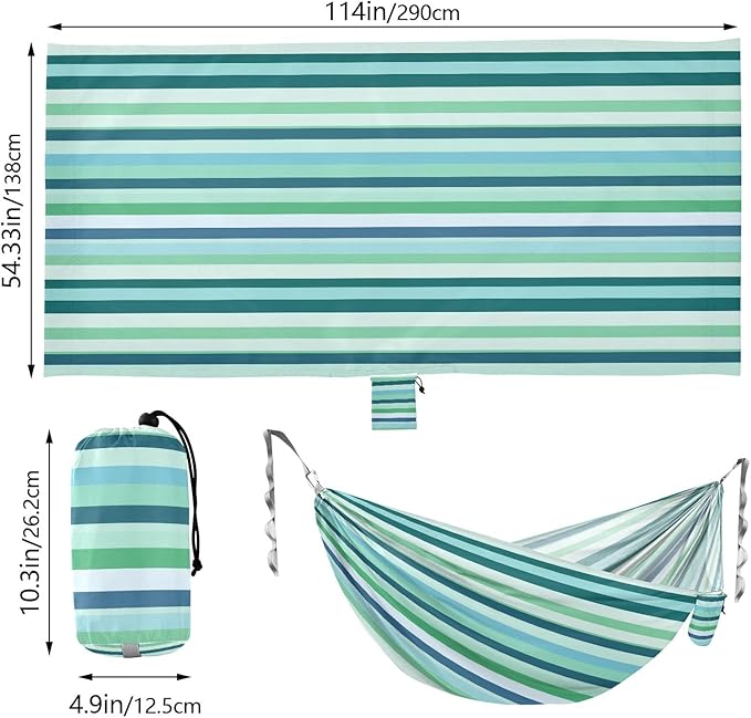 Camping Hammock Outdoor Hammocks for Outside Blue Green Stripe Beach Trees Portable Lightweight with Pockets Tree Straps Indoor