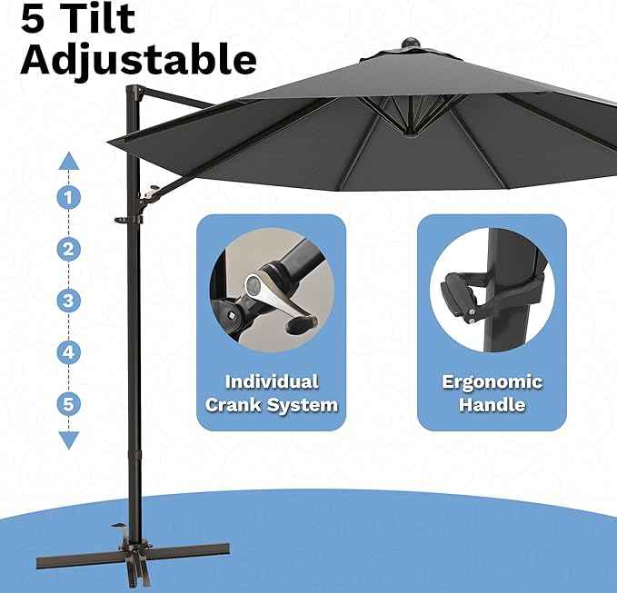 Devoko 10ft Cantilever Patio Umbrella, Round Large Outdoor Umbrella with 360-Degree Rotation, Hanging Offset Market Sun Umbrella, Easy Tilt and Heavy-Duty Frame, for Patio Backyard Garden, Gray