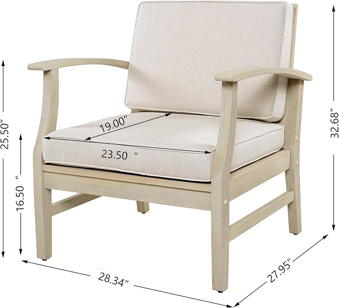 Christopher Knight Home Perla Set of 2 Acacia Wood Club Chair and Coffee Table, 3 Piece Patio Bistro Set, Solid Wood Outdoor Patio Furniture Set with Center Table, Light White+Sand