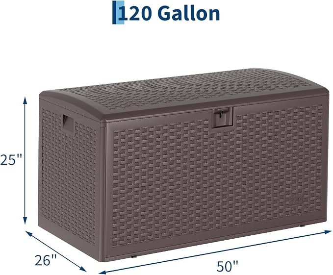 Takywep 120 Gallon Wicker Resin Deck Box - Waterproof Outdoor Storage Bench with Lockable Design - Ideal for Patio Cushions, Garden Tools, Black, Weaving Strap
