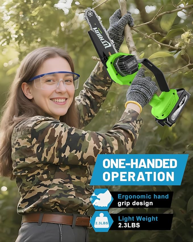 Fostex Mini Chainsaw Cordless, 6 Inch Handheld Electric Chain Saw, 2×2Ah Batteries & 2 Chains, Lightweight Small Tree Trimmer for Wood Cut, Yard & Garden, Ideal Gift for Dad, Men & Women (Green)