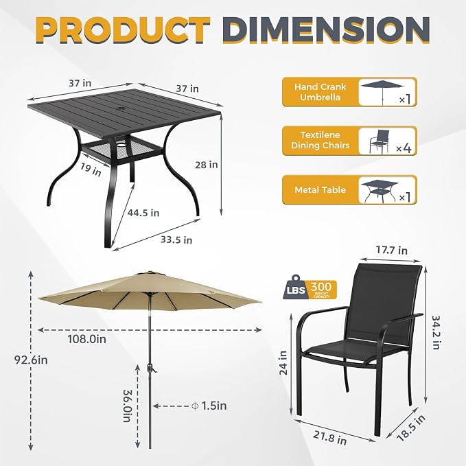 Incbruce 6 Pieces Patio Dining Set with Brown Umbrella, Outdoor Dining Set of 4 Textilene Chairs and Square Table with Umbrella Hole for Backyard, Garden, and Poolside (Black)