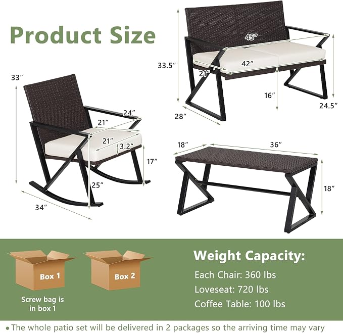 Tangkula 4 Piece Patio Rocking Furniture Set, Patiojoy Heavy Duty PE Wicker Loveseat with 2 Rocking Chairs & 1 Coffee Table, Outdoor Rattan Conversation Set for Porch, Poolside, Balcony