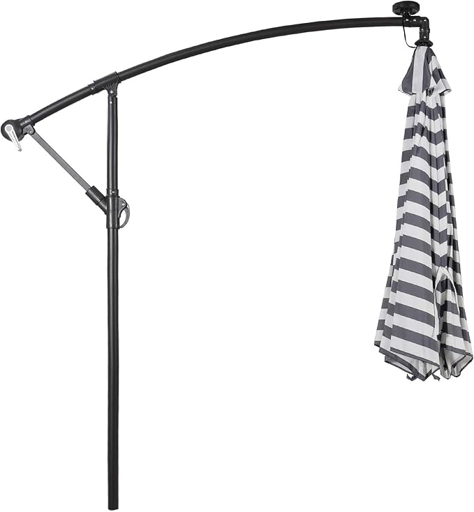 WO Home Furniture Patio LED Umbrella Set of 3 PCS 10ft Cantilever, Stand Kit, & 4 PCS Base Weights (Gray White Stripe)