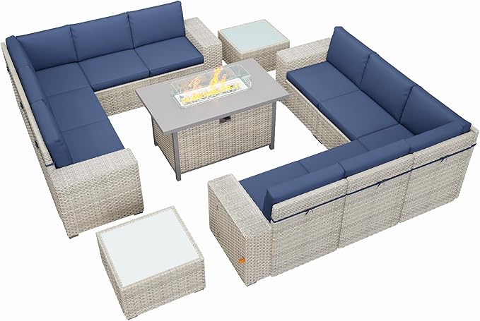 13 Piece Patio Furniture Set, 8" Wide Arm Sectional Sofa Set with 50000 BTU Propane Fire Pit Table & Coffee Table, Rattan Outdoor Conversation Set for Garden, Porch, Lawn, Blue