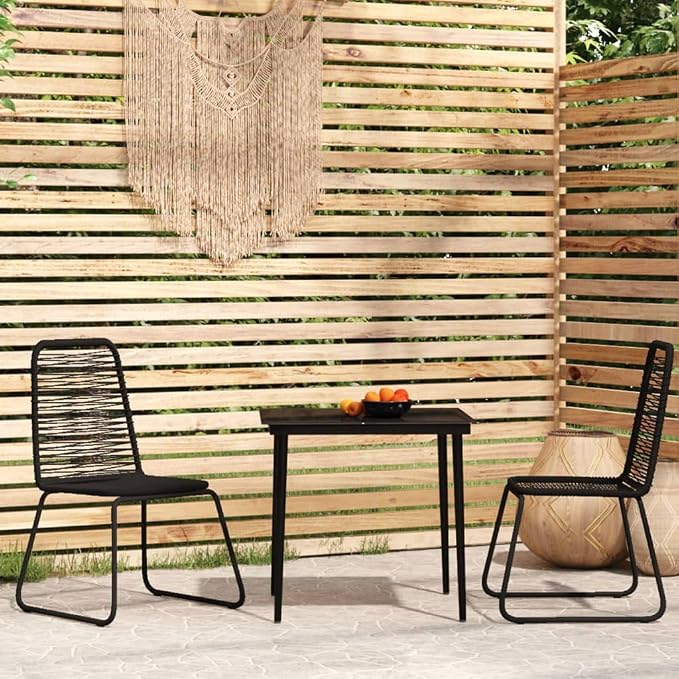 3 Piece Patio Dining Set Black Outdoor Bistro Table and Chairs with Glass Top Powder Coated Steel Frame and PE Rattan Seats for Garden Lawn Balcony Backyard