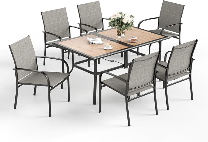 SUNSHINE VALLEY 7 Pcs Patio Dining Set for 6, Rectangular Metal Dining Table (PVC Table Top) with Umbrella Hole and 6 Chairs, Outdoor Dining Set for Lawn Garden Deck, Brown