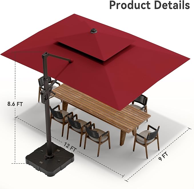 9' X 12' Cantilever Patio Umbrella with Led Lights Double Top Rectangular Outdoor Large Offset Umbrellas with 7 Tilts Adjustable 360°Rotation for Deck Pool Garden Backyard, Red