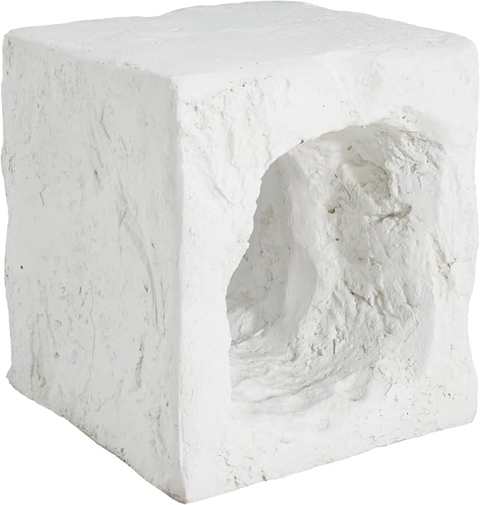 Christopher Knight Home Nataly 17.85" H Small Outdoor Side Table, Cubic Carved Garden Stool with Swirl Patterns, Lightweight Concrete End Table, Patio Decorative Home Stool for Balcony Backyard, White