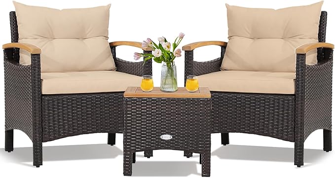 KOTEK 3-Piece Patio Furniture, Outdoor Conversation Set with Removable Cushions, Acacia Wood Tabletop and Armrests, PE Rattan Wicker Bistro Set for Porch, Balcony, Backyard (Beige)