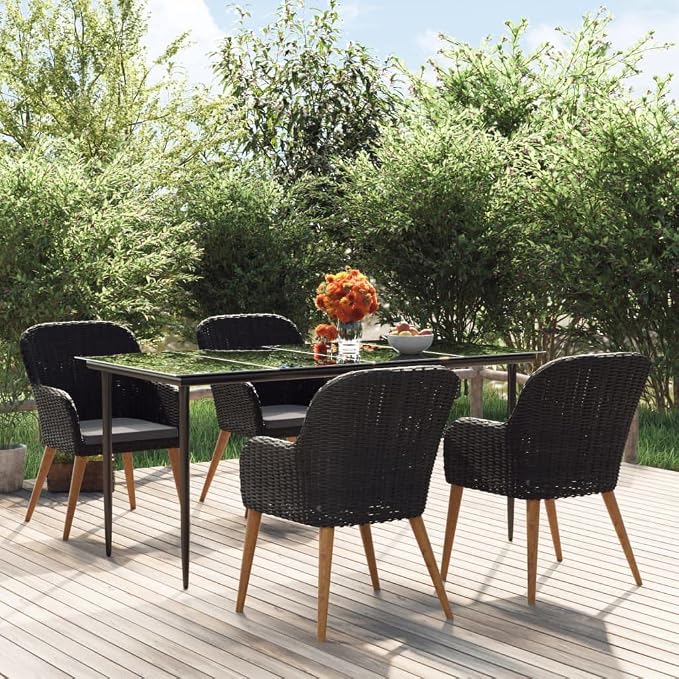 5 Piece Patio Dining Set with Cushions Black Acacia Wood and Steel Outdoor Table and Chairs for Garden Backyard Entertainment Tempered Glass Top