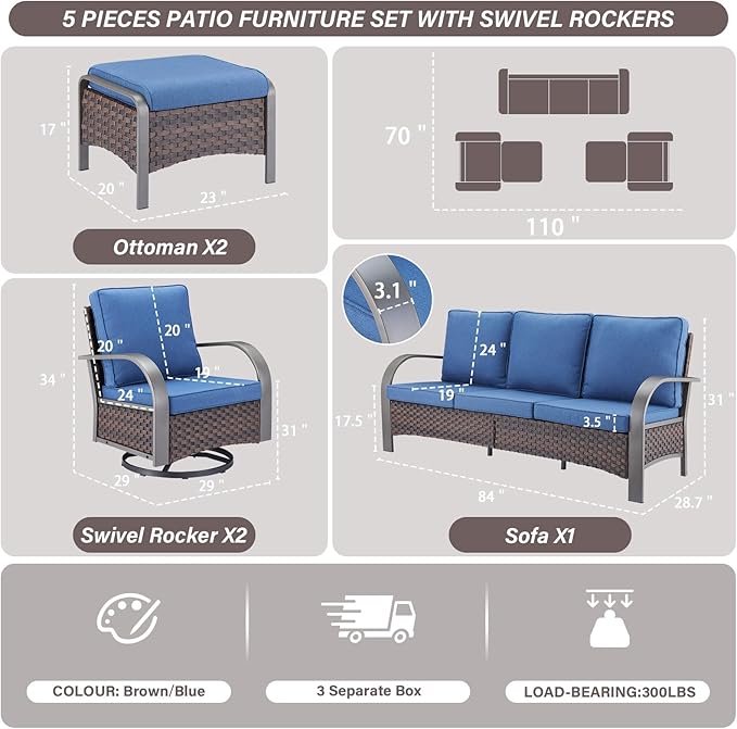 Belord 5-Piece Outdoor Patio Furniture Set All-Weather Wicker Couch with Swivel Rocker Outdoor Chairs and Multi-Functional Ottomans, Patio Conversation Set for Backyard Garden Balcony