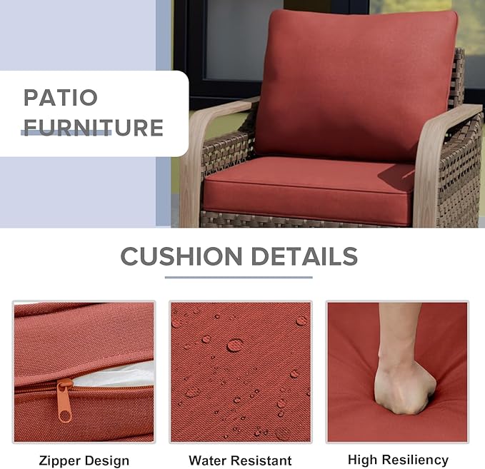 COOS BAY Modern Wicker Outdoor Furniture Set, 9 Piece Patio Conversation Set with 4 Swivel Rockers, a 3 Seat Couch, 2 Ottomans, Coffee Table & Side Table, 9 Piece, Brown/Red